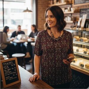 NWT LuLaRoe Everyday Irma Mid Sleeve Loose Fit Tunic Top Burgundy Multi Sz S